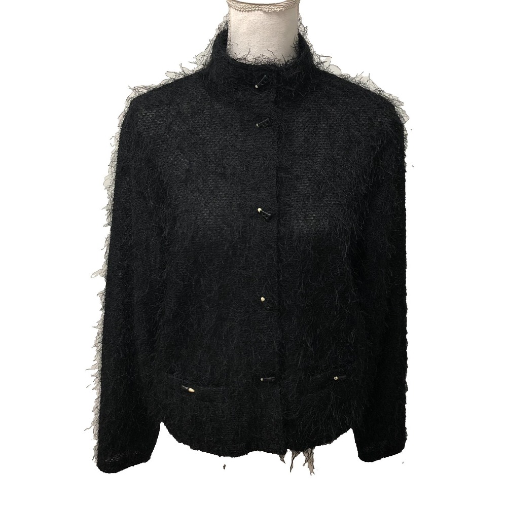 Jamie Sadock Cardigan Sweater Jumper Womens Large Black Furry Modern Goth